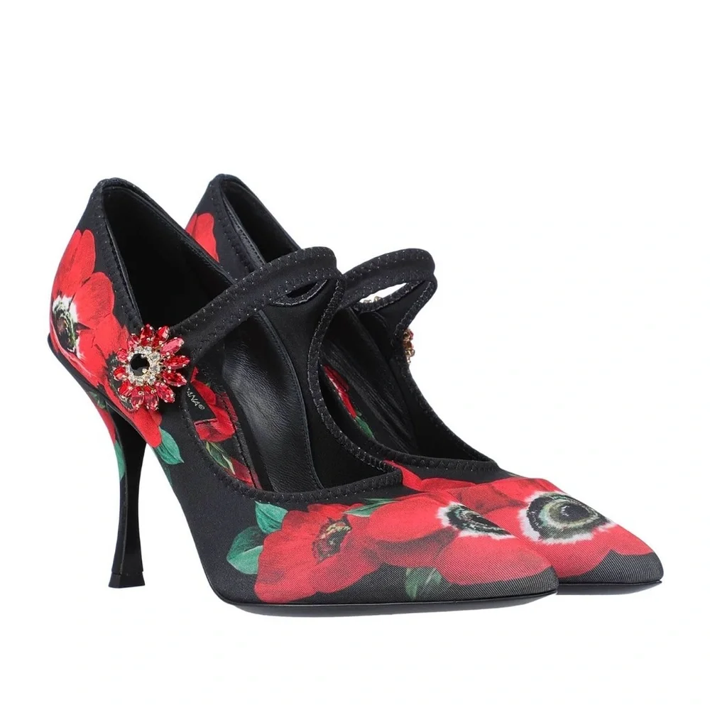 Dolce & Gabbana Black and Red Floral Heels with Brooch Detailing Embellishments - Picture 5 of 13